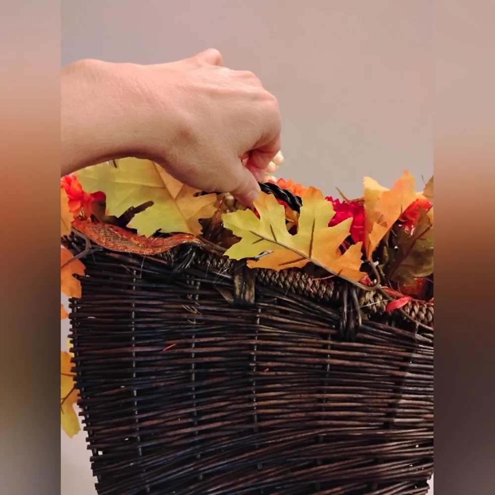 Autumn Harvest Cornucopia with Vibrant Accents Berries Leaves Beads Ribbons